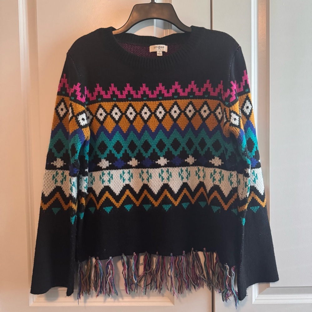 Umgee Sweater Black Multicolor Fair Isle Pattern Sweater with Fringe Women’s S